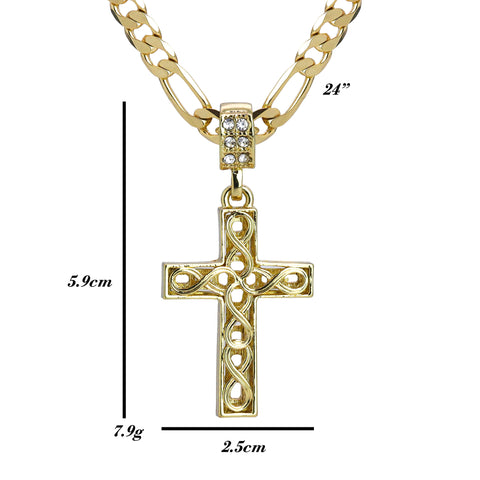Plain Wave Cross Pendant 24" Figaro Chain Hip Hop Style 18k Gold Plated