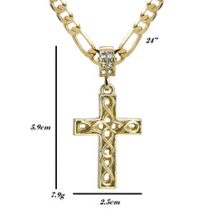 Plain Wave Cross Pendant 24" Figaro Chain Hip Hop Style 18k Gold Plated