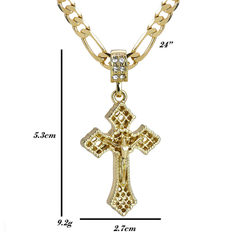 Sharp Plain Jesus Cross Pendant 24" Figaro Chain Hip Hop Style 18k Gold Plated