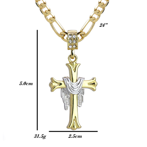 Drape Jesus Cross Pendant 24" Figaro Chain Hip Hop Style 18k Gold Plated