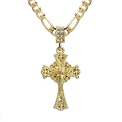 Rose Pattern Jesus Cross Pendant 24" Figaro Chain Hip Hop Style 18k Gold Plated