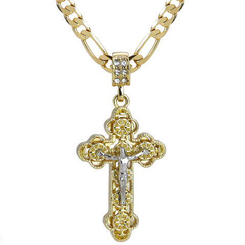 Iced Jesus Clover Cross Pendant 24" Figaro Chain Hip Hop Style 18k Gold Plated