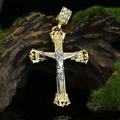 Two Tone Jesus Pillar Cross Pendant 20" Figaro Chain Hip Hop Style 18k Gold Plated
