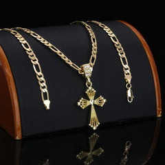 Heart Cross Pendant 20" Figaro Chain Hip Hop Style 18k Gold Plated