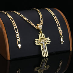 Halo Diamond Cut Jesus Cross Pendant 20" Figaro Chain Hip Hop Style 18k Gold Plated