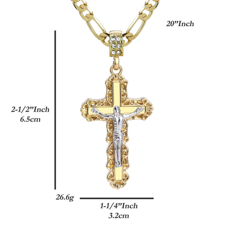 Clover Edge Design Jesus Cross Pendant 20" Figaro Chain Hip Hop Style 18k Gold Plated
