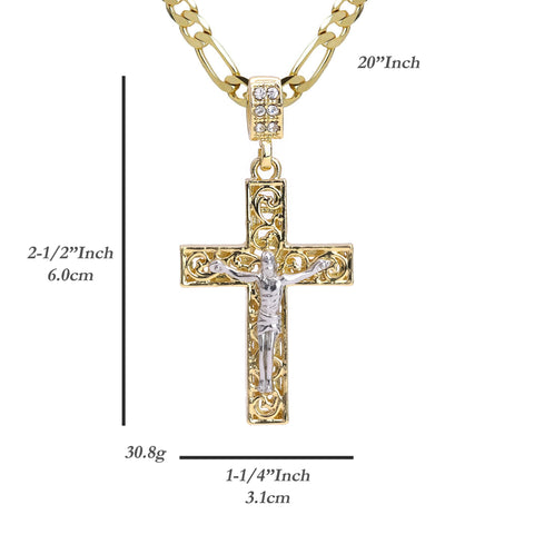 Clover Two Tone Jesus Cross Pendant 20" Figaro Chain Hip Hop Style 18k Gold Plated