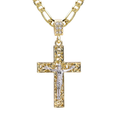 Clover Two Tone Jesus Cross Pendant 20" Figaro Chain Hip Hop Style 18k Gold Plated