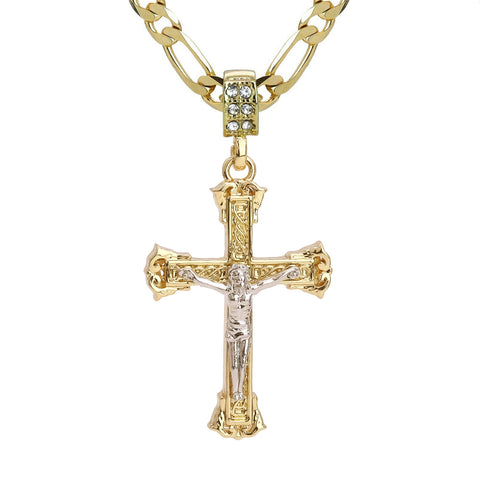 Two Tone Jesus Pillar Cross Pendant 20" Figaro Chain Hip Hop Style 18k Gold Plated