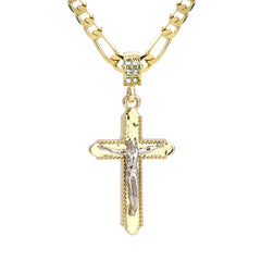 Two Tone Jesus Smooth Cross Pendant 20" Figaro Chain Hip Hop Style 18k Gold Plated