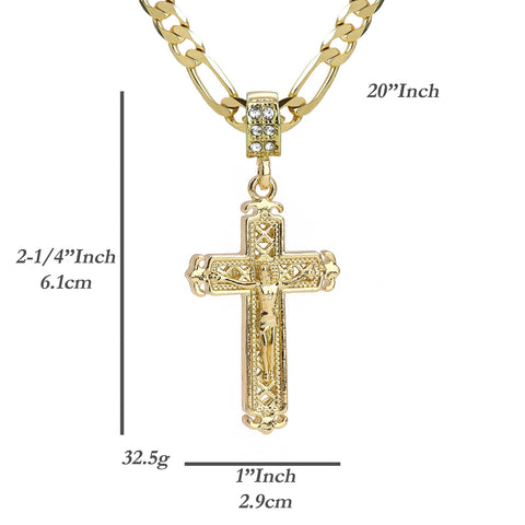 Jesus Arrow Cross Pendant 20" Figaro Chain Hip Hop Style 18k Gold Plated