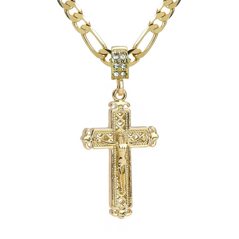 Jesus Arrow Cross Pendant 20" Figaro Chain Hip Hop Style 18k Gold Plated