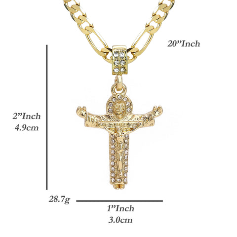 Jesus & Holy Father Cross Pendant 20" Figaro Chain Hip Hop Style 18k Gold Plated