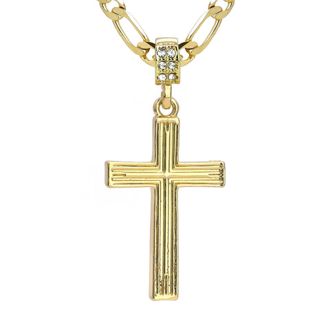 Line Cross Pendant 20" Figaro Chain Hip Hop Style 18k Gold Plated
