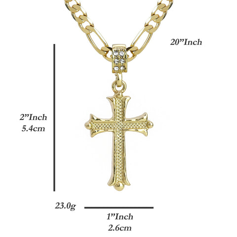 Ball Ended Cross Pendant 20" Figaro Chain Hip Hop Style 18k Gold Plated