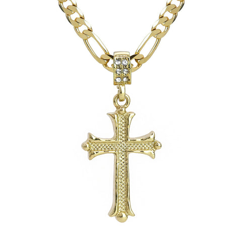 Ball Ended Cross Pendant 20" Figaro Chain Hip Hop Style 18k Gold Plated