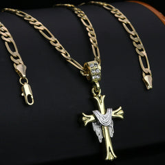 Drape Jesus Cross Pendant 24" Figaro Chain Hip Hop Style 18k Gold Plated