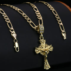 Rose Pattern Jesus Cross Pendant 24" Figaro Chain Hip Hop Style 18k Gold Plated