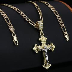 INRI Sharp Two Tone Jesus Cross Pendant 24" Figaro Chain Hip Hop Style 18k Gold Plated