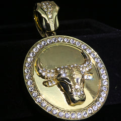 Large Round Clear Bull Pendant Iced Cuban Cz Chain Mens Hip Hop Jewelry 18-24"