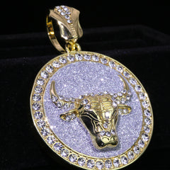 Large Round Silver Stardust Bull Pendant Iced Cuban Cz Chain Mens Hip Hop Jewelry 18-24"