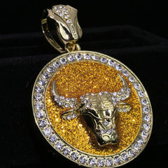Large Round Gold Stardust Bull Pendant Iced Cuban Cz Chain Mens Hip Hop Jewelry 18-24"
