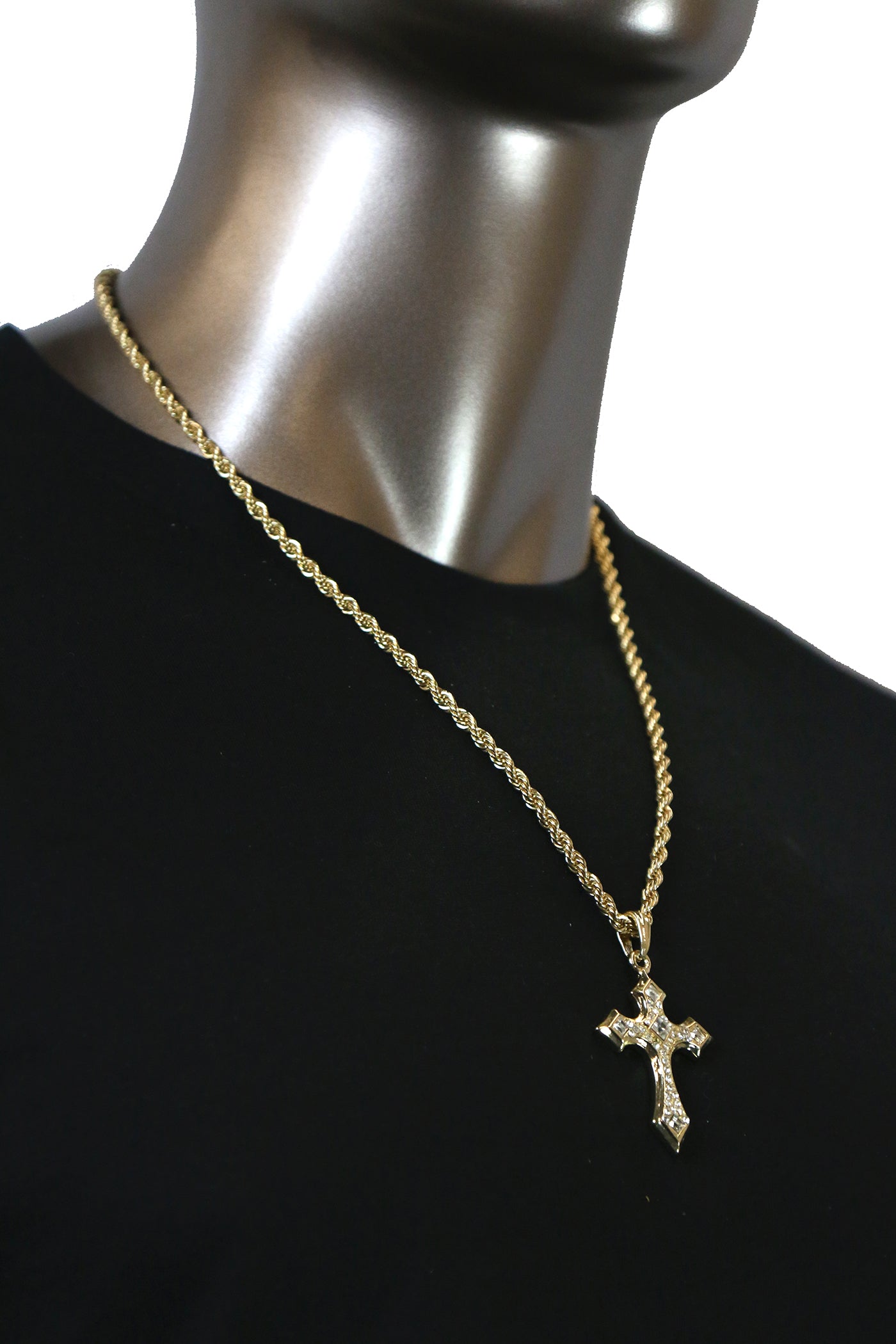 SHARP ICED CROSS  Pendant with Gold Rope Chain