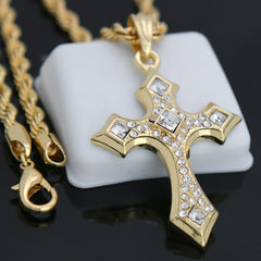 SHARP ICED CROSS  Pendant with Gold Rope Chain