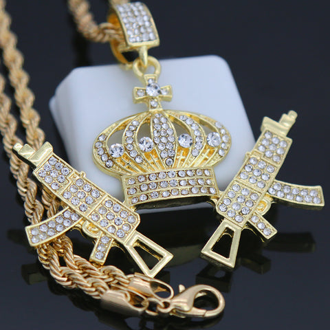 CROWN SMG GUN Pendant with Gold Rope Chain