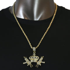 CROWN SMG GUN Pendant with Gold Rope Chain