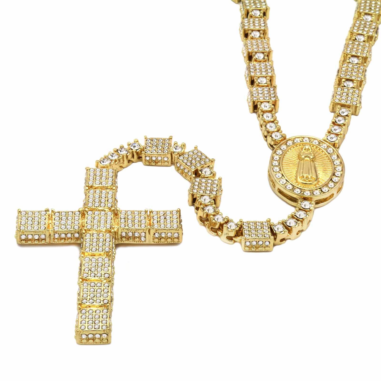 ICED OUT FLOWER GOLD BLACK CHAIN 36" ROSARY