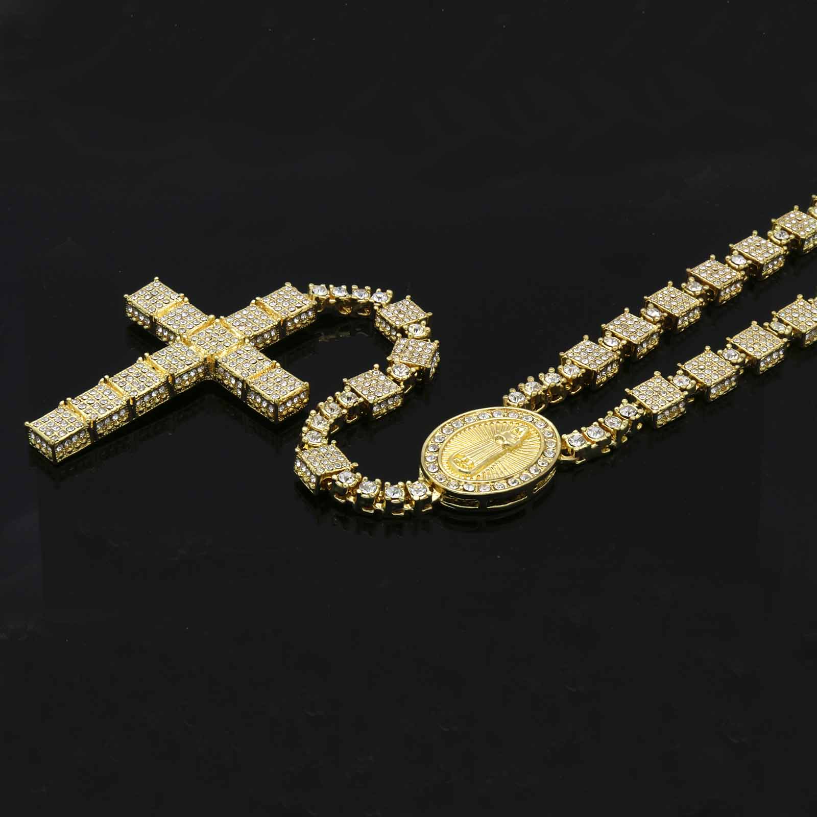 ICED OUT FLOWER GOLD BLACK CHAIN 36" ROSARY