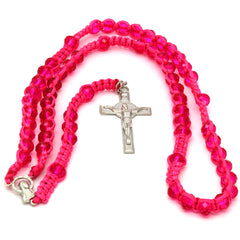 8MM Pink Crystal Fabric Rosary With Cross Pendant