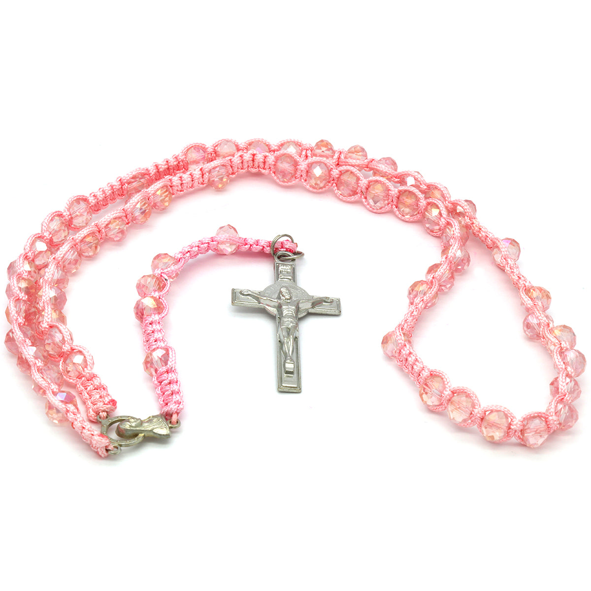 8MM Rose Crystal Fabric Rosary With Cross Pendant