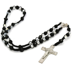 8MM Black/Clear Crystal Fabric Rosary With Cross Pendant