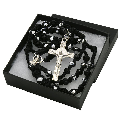 8MM Black Crystal Fabric Rosary With Cross Pendant