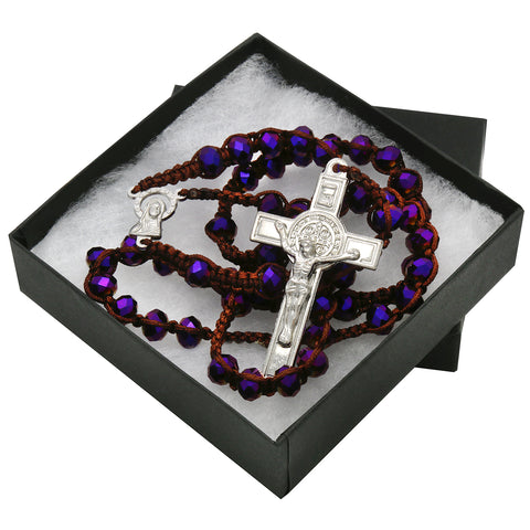 8MM Purple Crystal Fabric Rosary With Cross Pendant