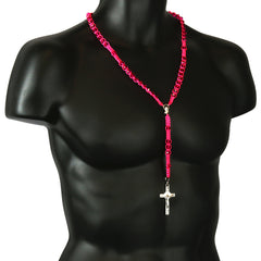 8MM Pink Crystal Fabric Rosary With Cross Pendant