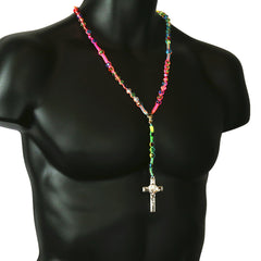 8MM Rainbow Crystal Fabric Rosary With Cross Pendant