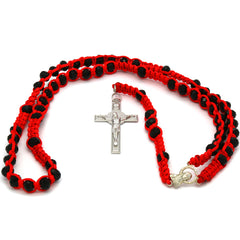 8MM Black Crystal Red Fabric Rosary With Cross Pendant