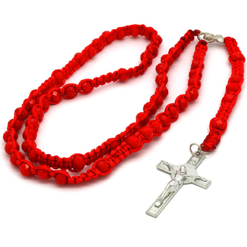 8MM Red Crystal Fabric Rosary With Cross Pendant