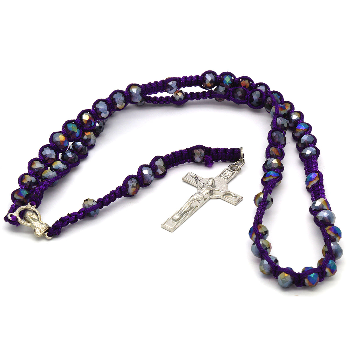 8MM Purple Crystal Fabric Rosary With Cross Pendant