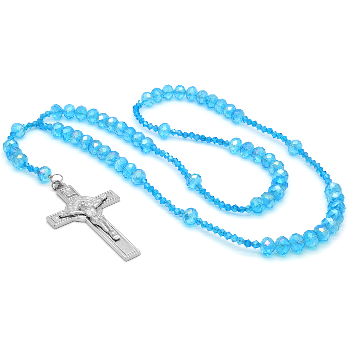 Sky Blue Crystal Line Rosary With Cross Pendant