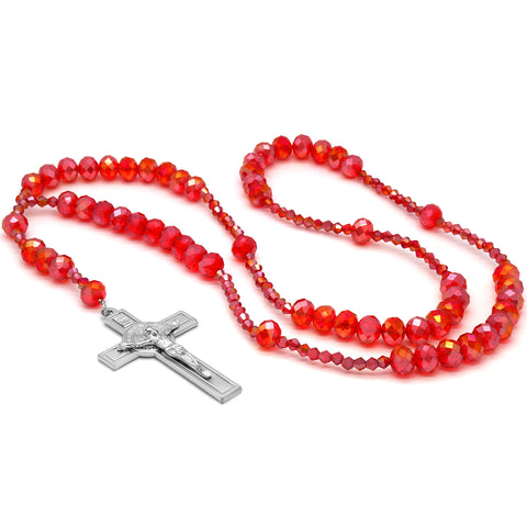 Light Red Crystal Line Rosary With Cross Pendant