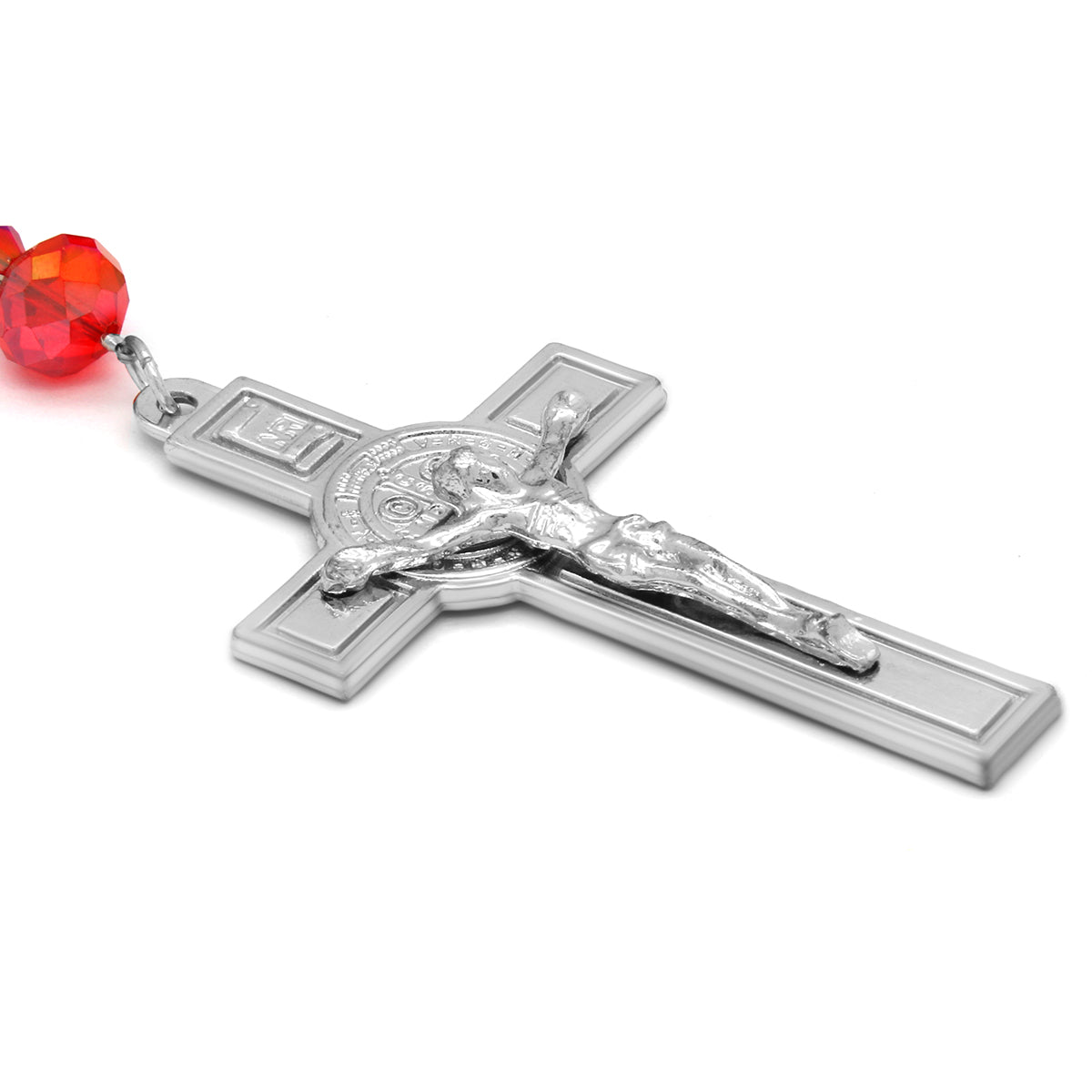Light Red Crystal Line Rosary With Cross Pendant