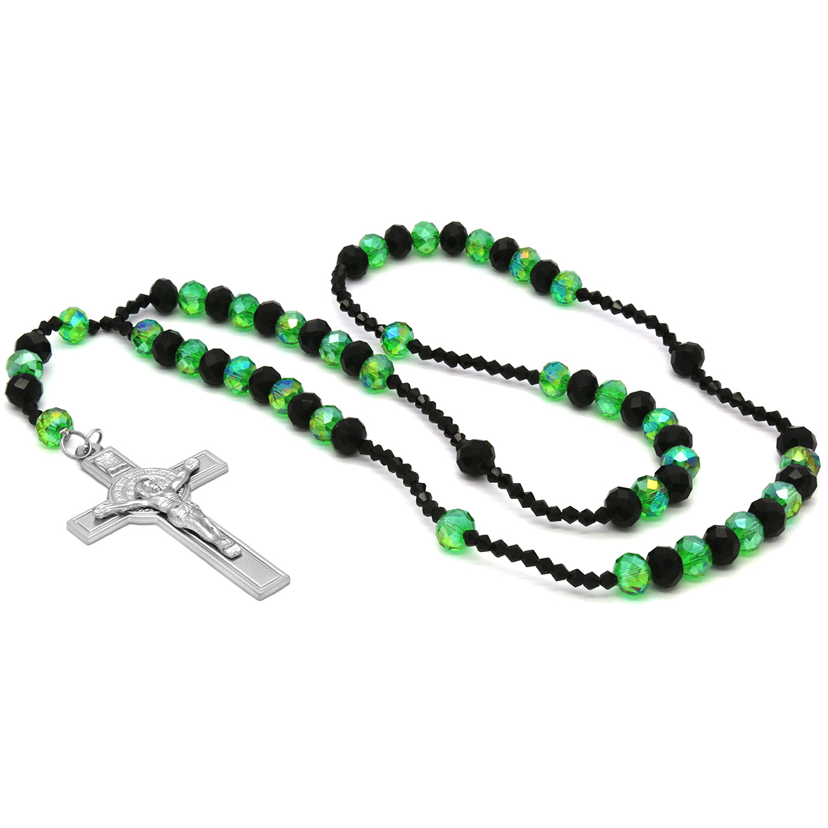 Green Black Crystal Line Rosary With Cross Pendant