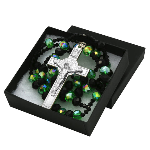 Green Black Crystal Line Rosary With Cross Pendant