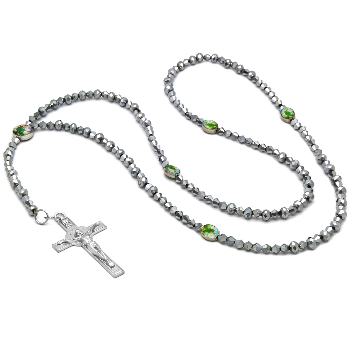 Sanjudas Epoxy Silver Crystal Rosary With Cross Pendant