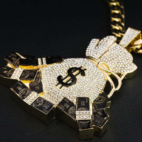 XXL Big Money Bag Pendant & 14mm Flat Cuban Chain – 4" Hip Hop Bling