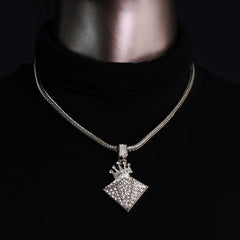 Diamond Crowned Iced out Pendant Silver Plated Franco Chain 4mm 20"